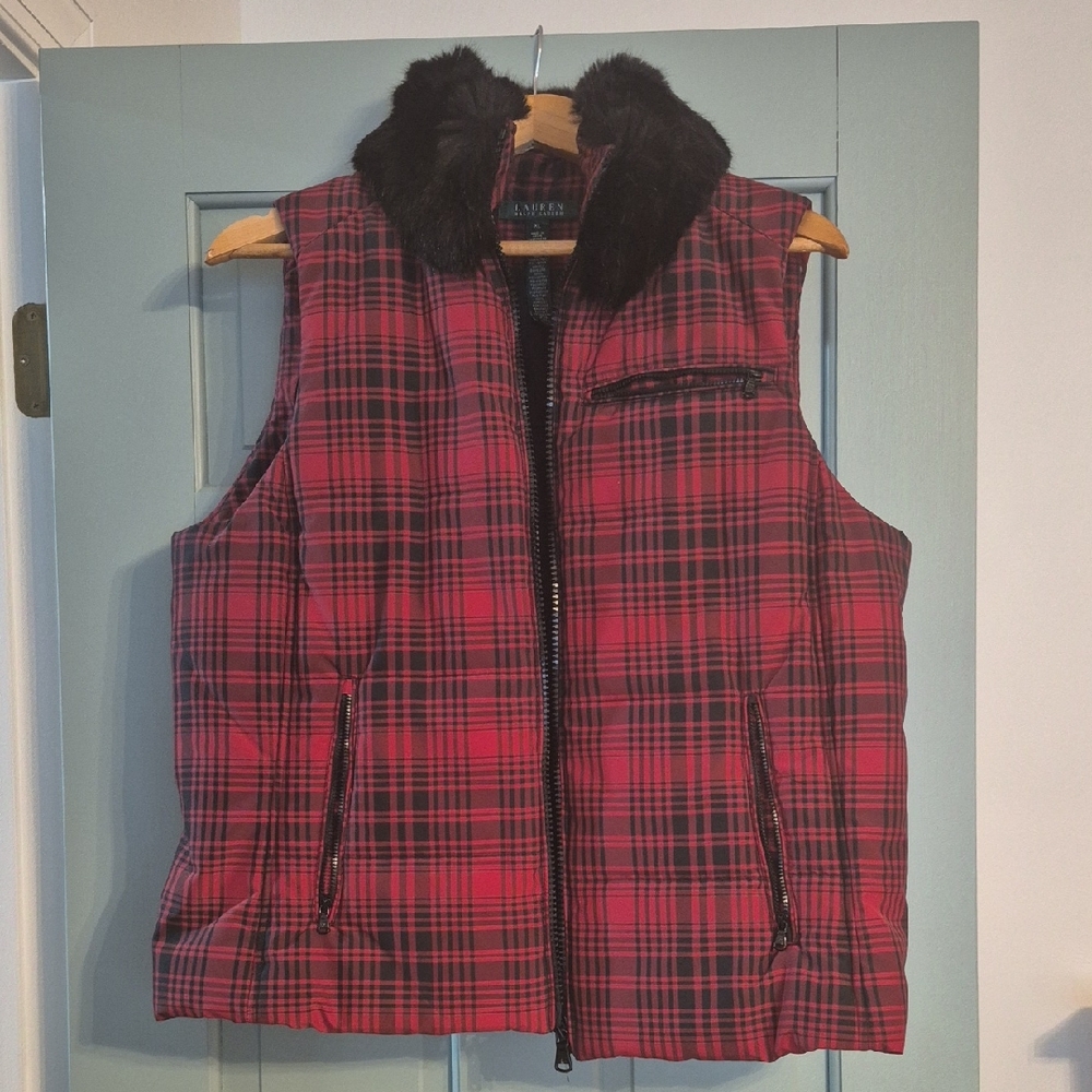 Lauren Ralph Lauren Plaid Vest With Removable Black Faux Fur Collar Size XL